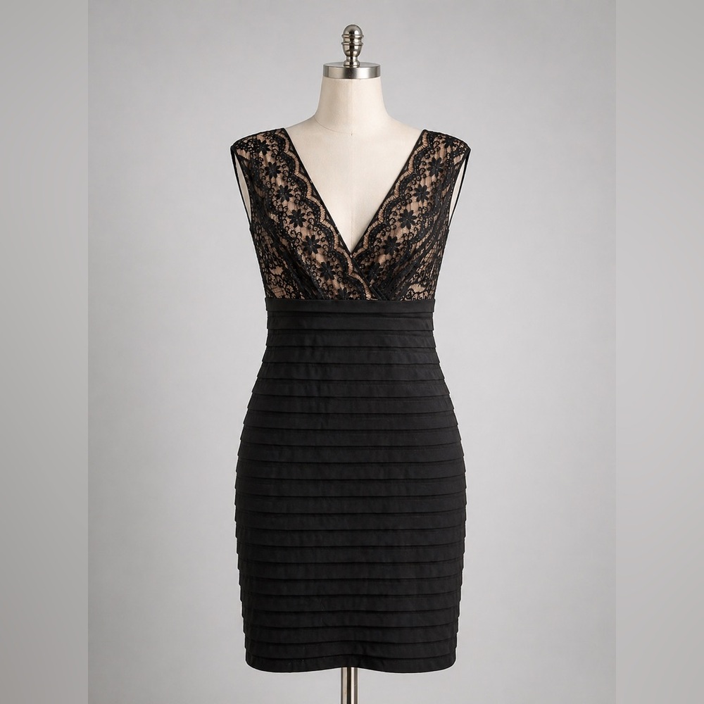 Adrianna Papell Black Lace Cocktail Dress | Sleeveless V-Neck Sheath | Size 12P